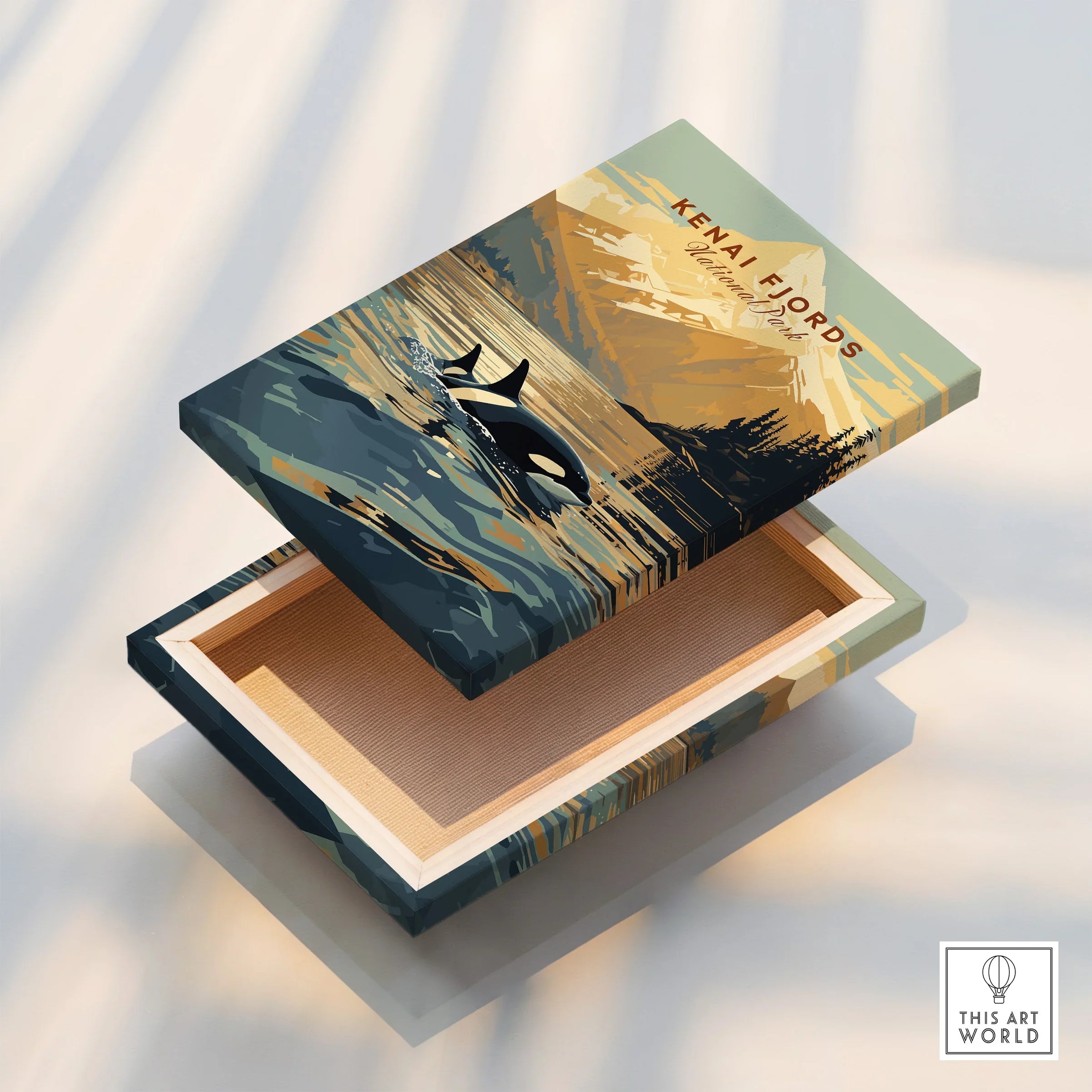 Kenai Fjords National Park wall art print with orca whale, mountain, and sunset on canvas box.