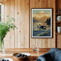 Kenai Fjords National Park orca art print in black frame, displayed in rustic kitchen