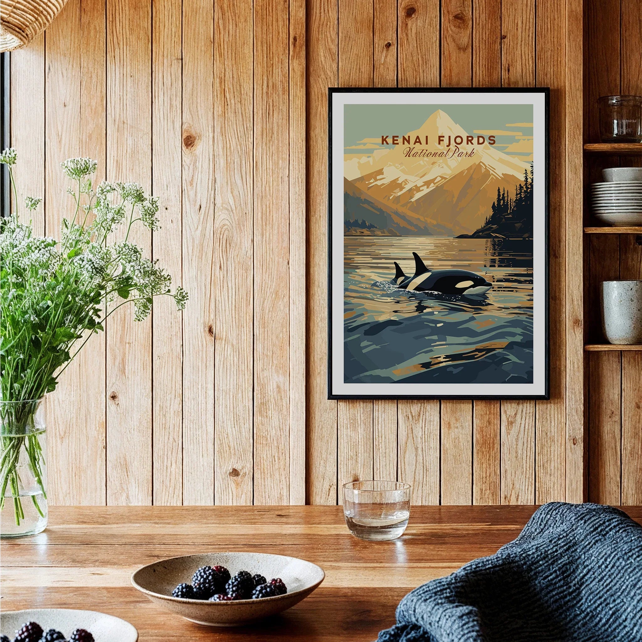 Kenai Fjords National Park orca art print in black frame, displayed in rustic kitchen