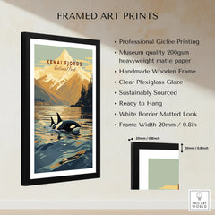 Framed Kenai Fjords National Park art print with orca, mountain landscape, and quality details.