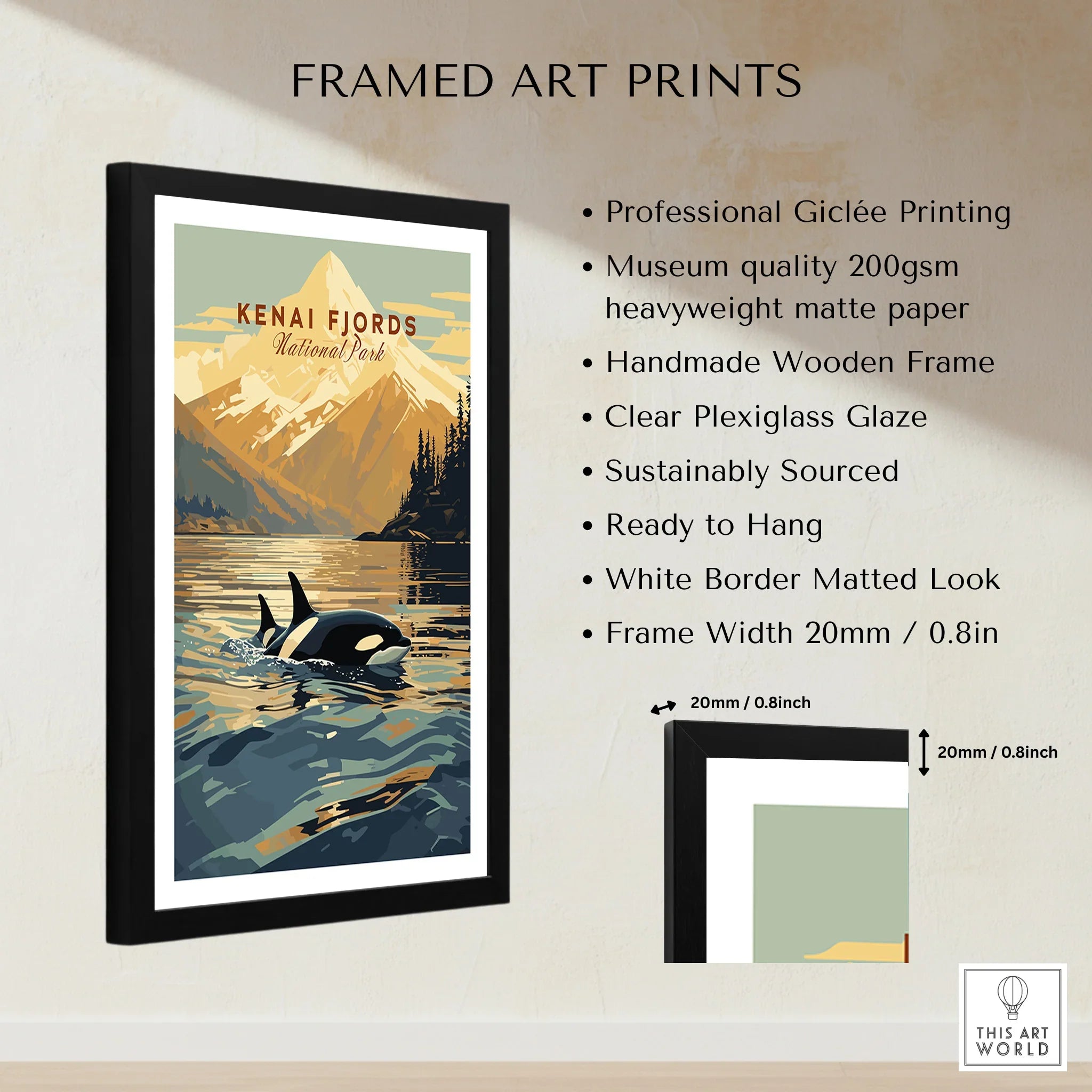 Framed Kenai Fjords National Park art print with orca, mountain landscape, and quality details.