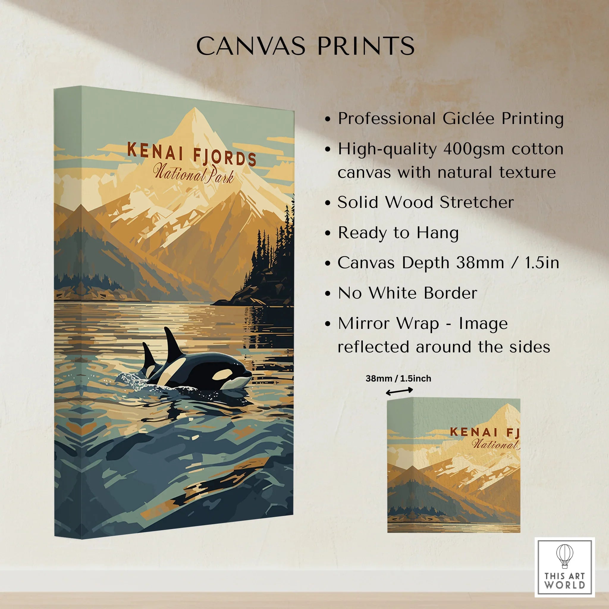 Kenai Fjords National Park canvas print featuring orca in lake, cotton canvas wall art