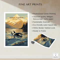 Kenai Fjords National Park art print with orca, mountains, and lake in vintage travel style.