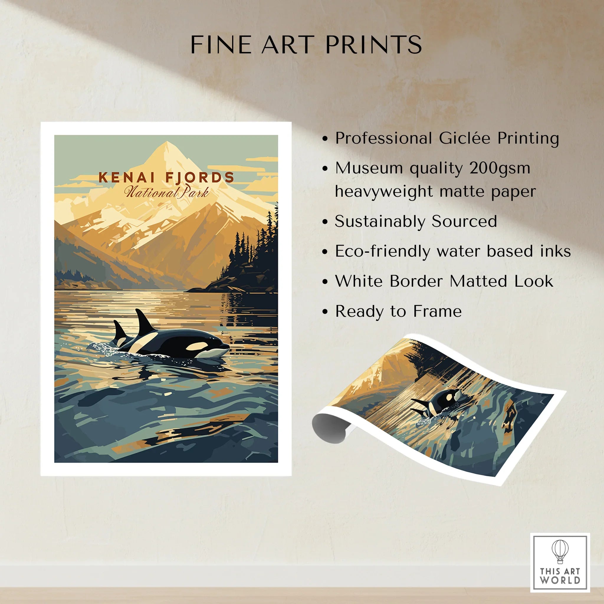 Kenai Fjords National Park art print with orca, mountains, and lake in vintage travel style.