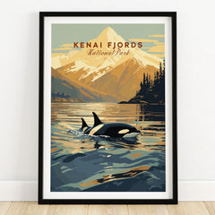 Kenai Fjords National Park art print with orca, framed on wooden floor