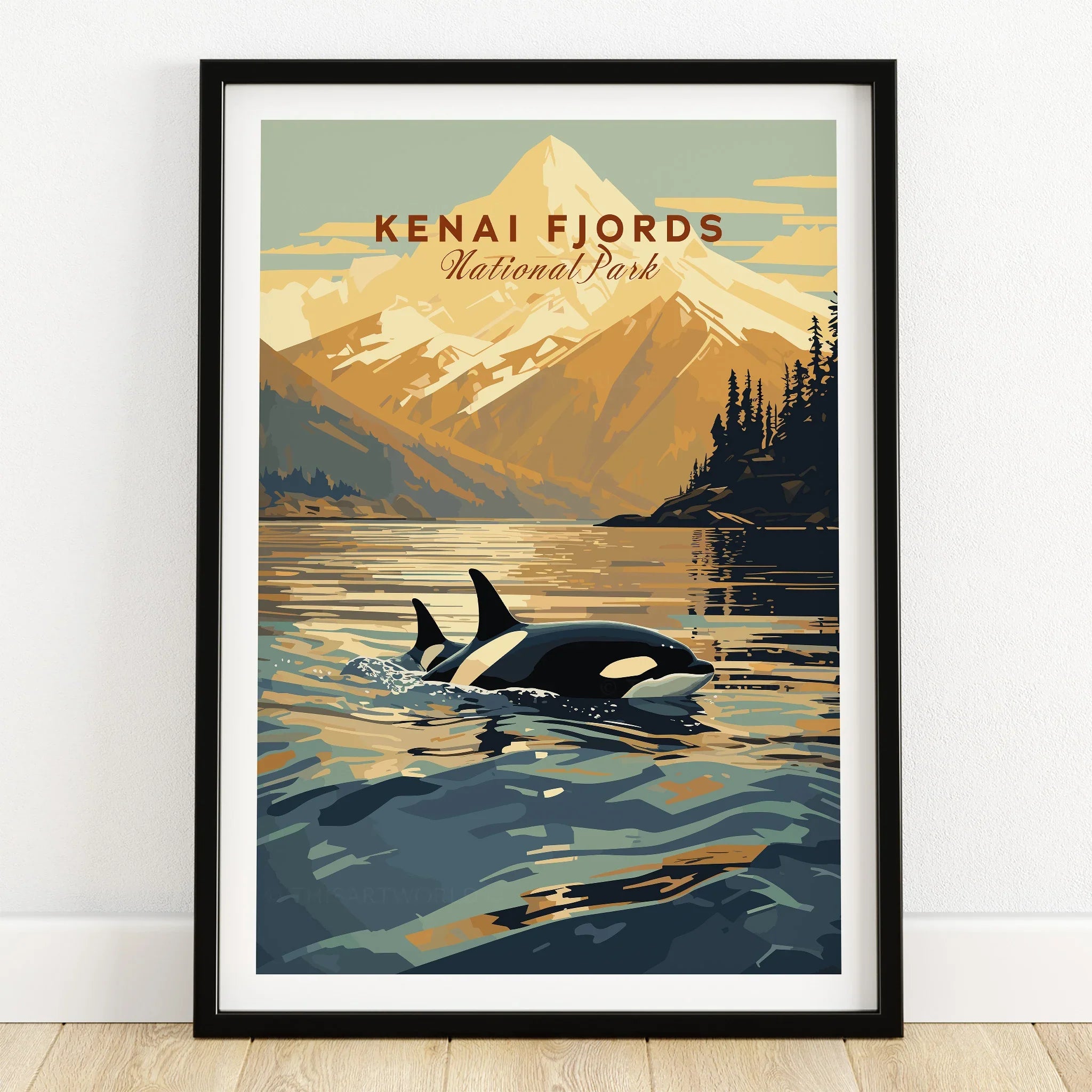 Kenai Fjords National Park art print with orca, framed on wooden floor