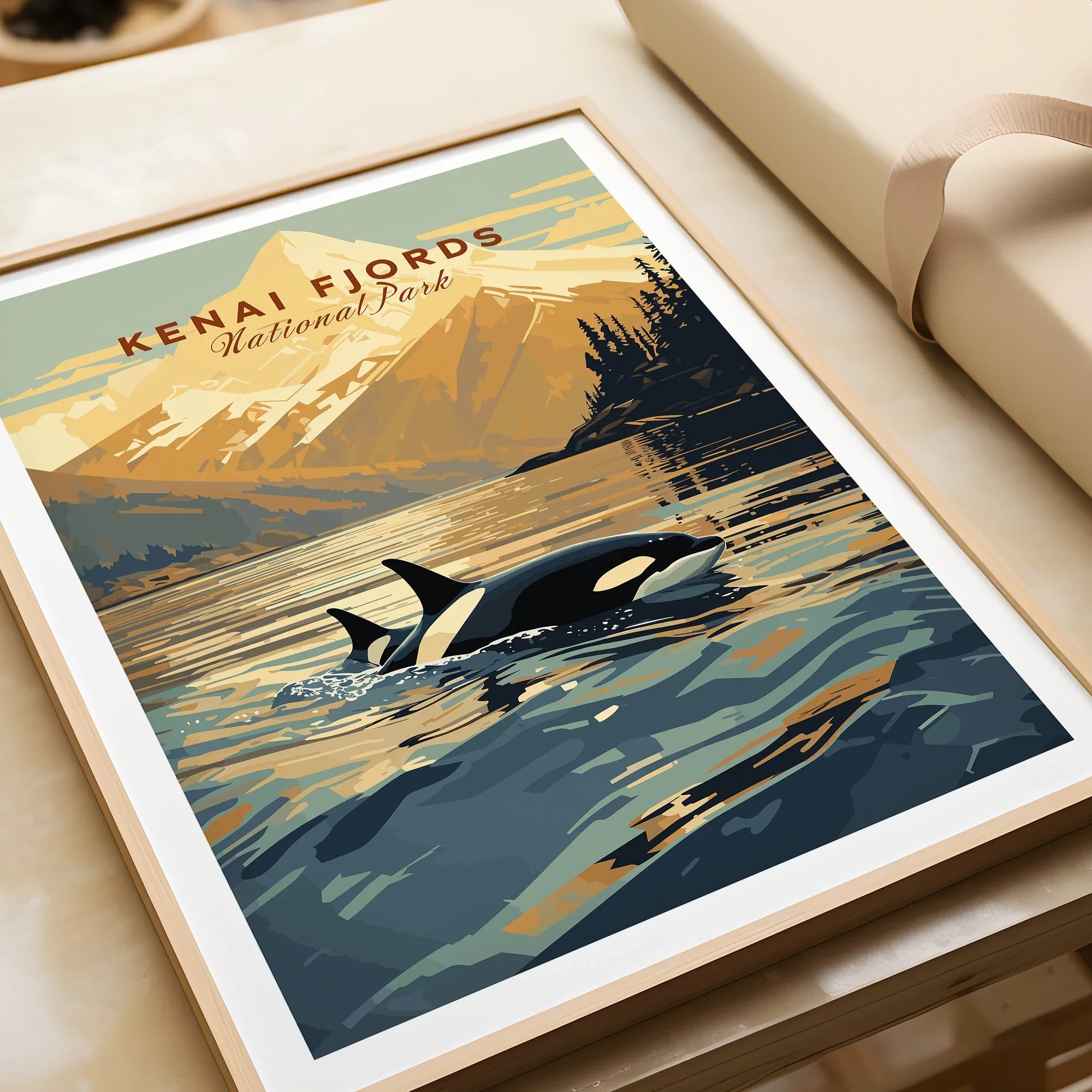 Kenai Fjords National Park art print with orca whale, mountain, and natural wood frame