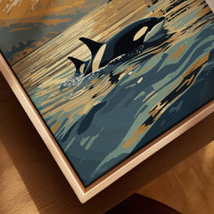 Closeup of orca wall art print on canvas with natural wood floating frame