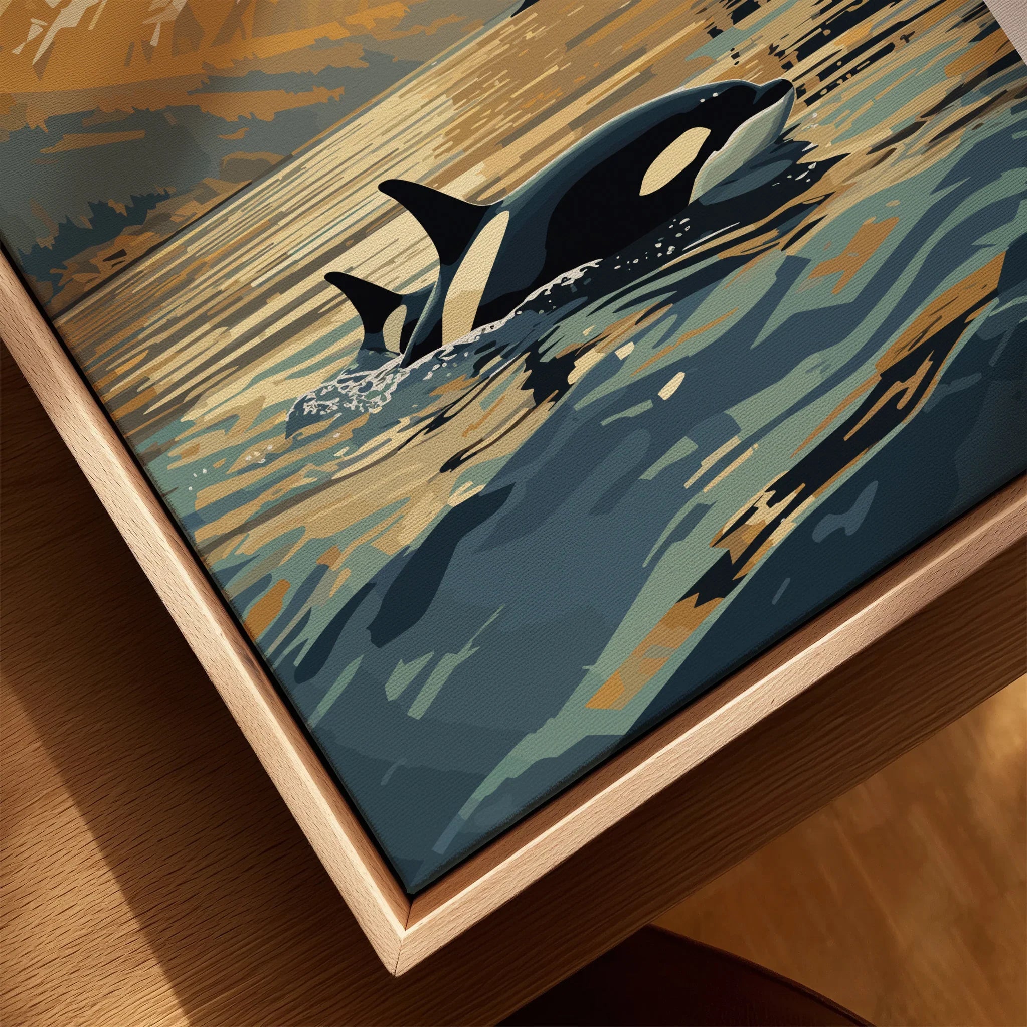 Closeup of orca wall art print on canvas with natural wood floating frame