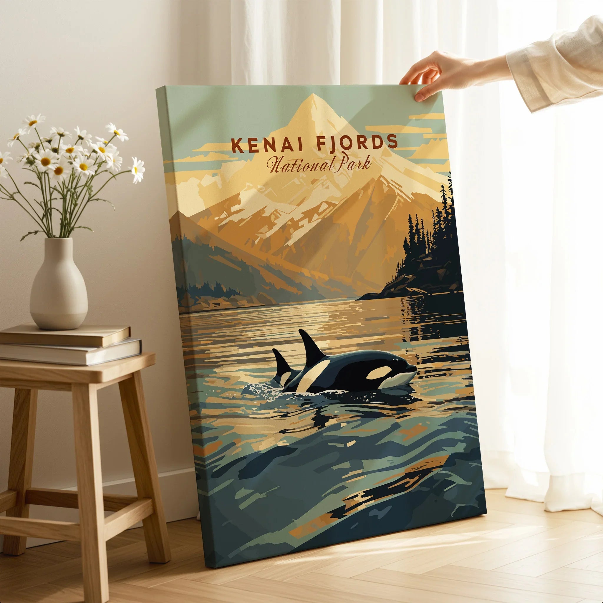 Kenai Fjords National Park canvas art with orca whales, mountains, and lake in home decor setting