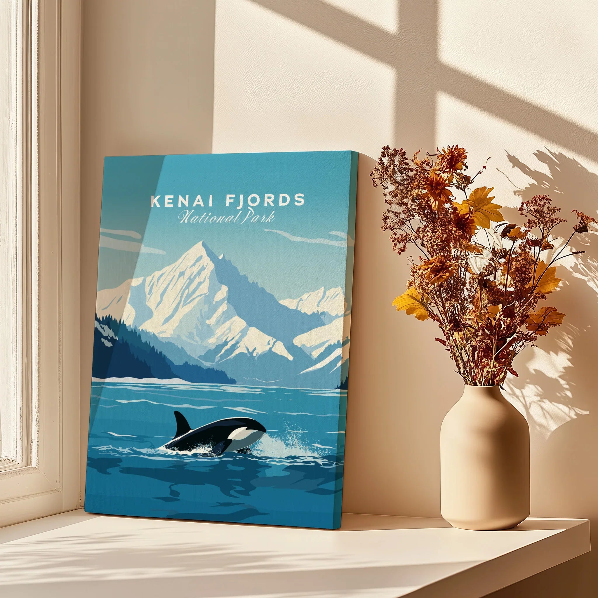 Kenai Fjords National Park print with orca whale and mountain art on a sunlit windowsill beside a vase of dried flowers.