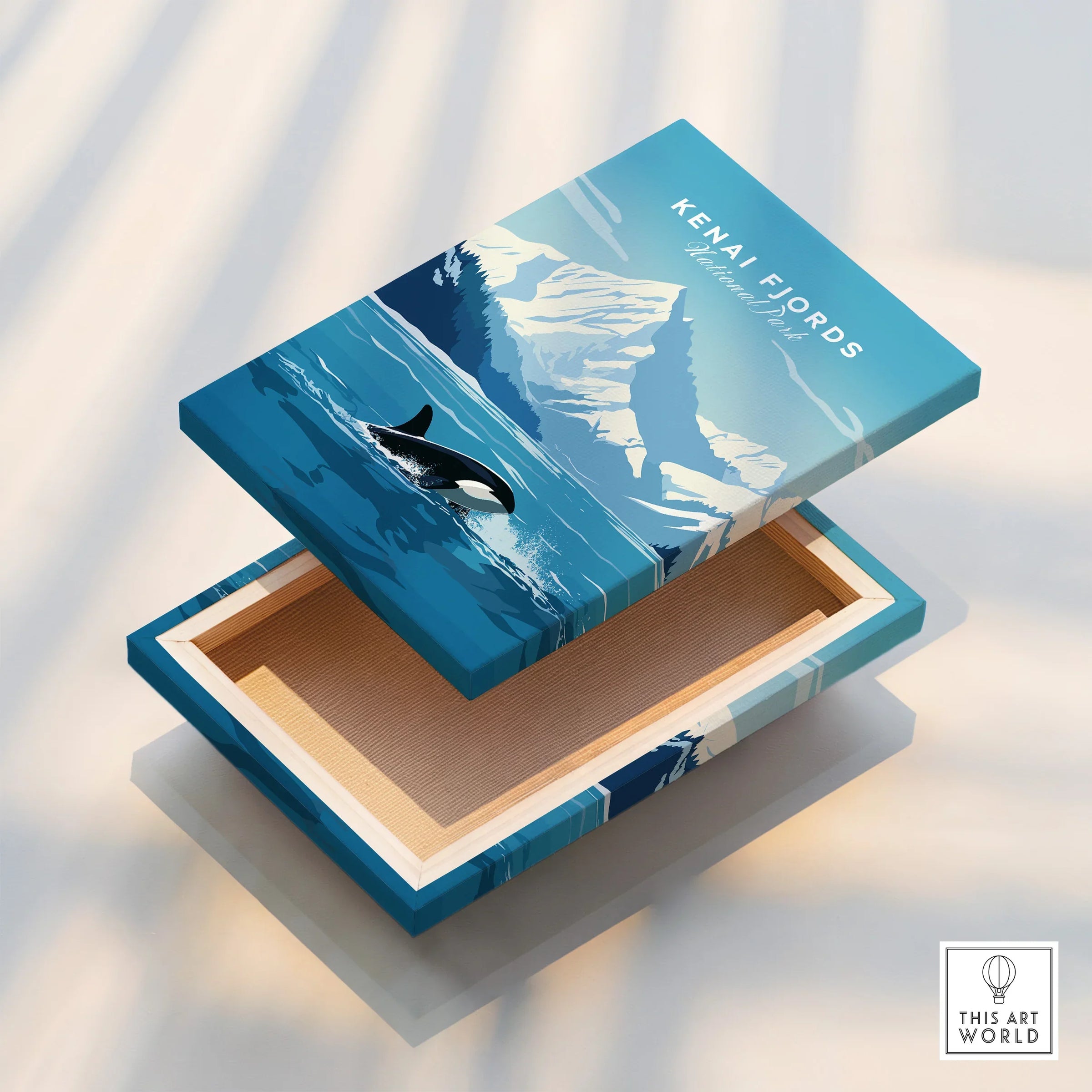 Kenai Fjords National Park stretched canvas print with orca and snowy mountains floating above box.