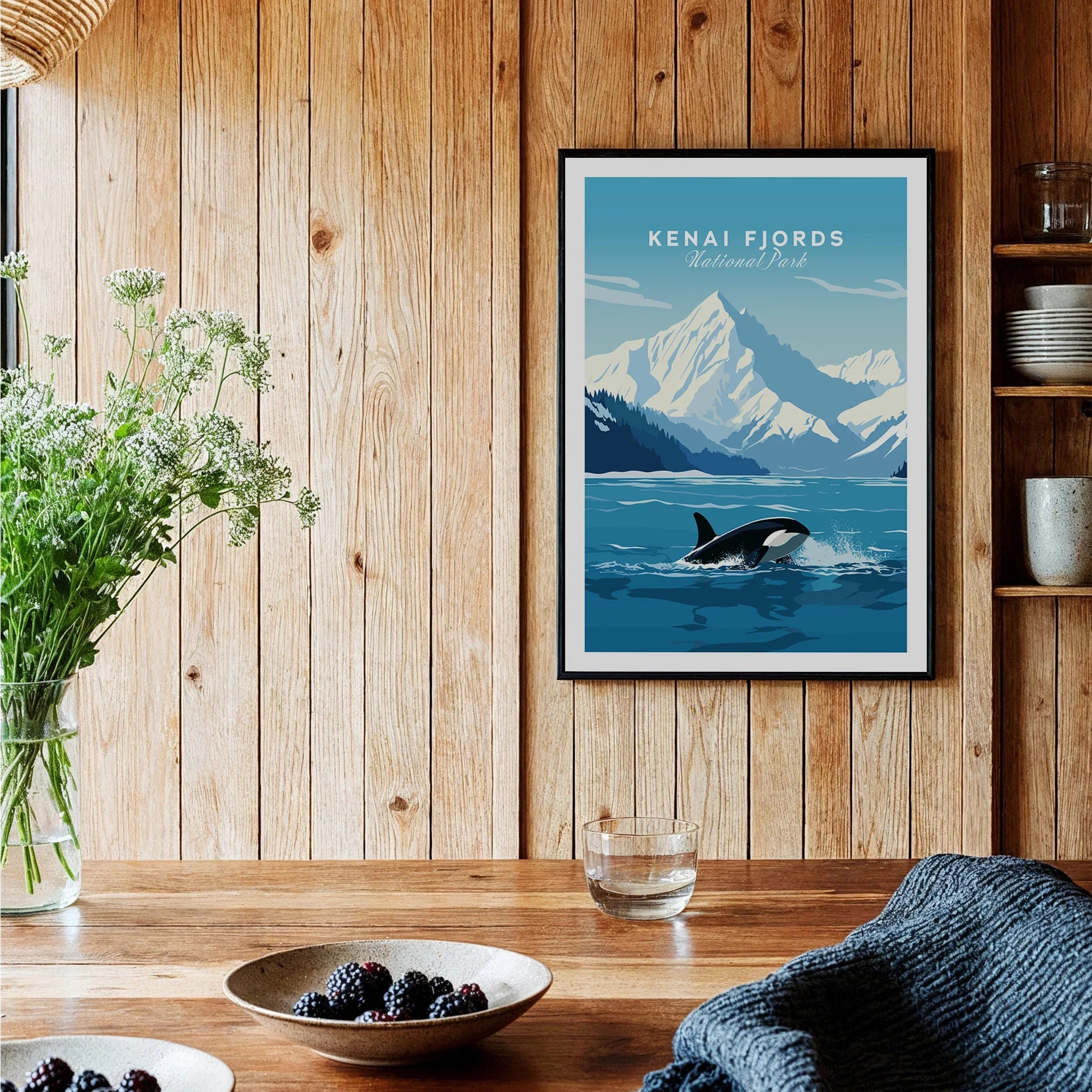 Framed Kenai Fjords National Park orca art print on wood wall in rustic kitchen setting