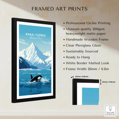 Framed Kenai Fjords National Park art print with orca, mountains, and product details