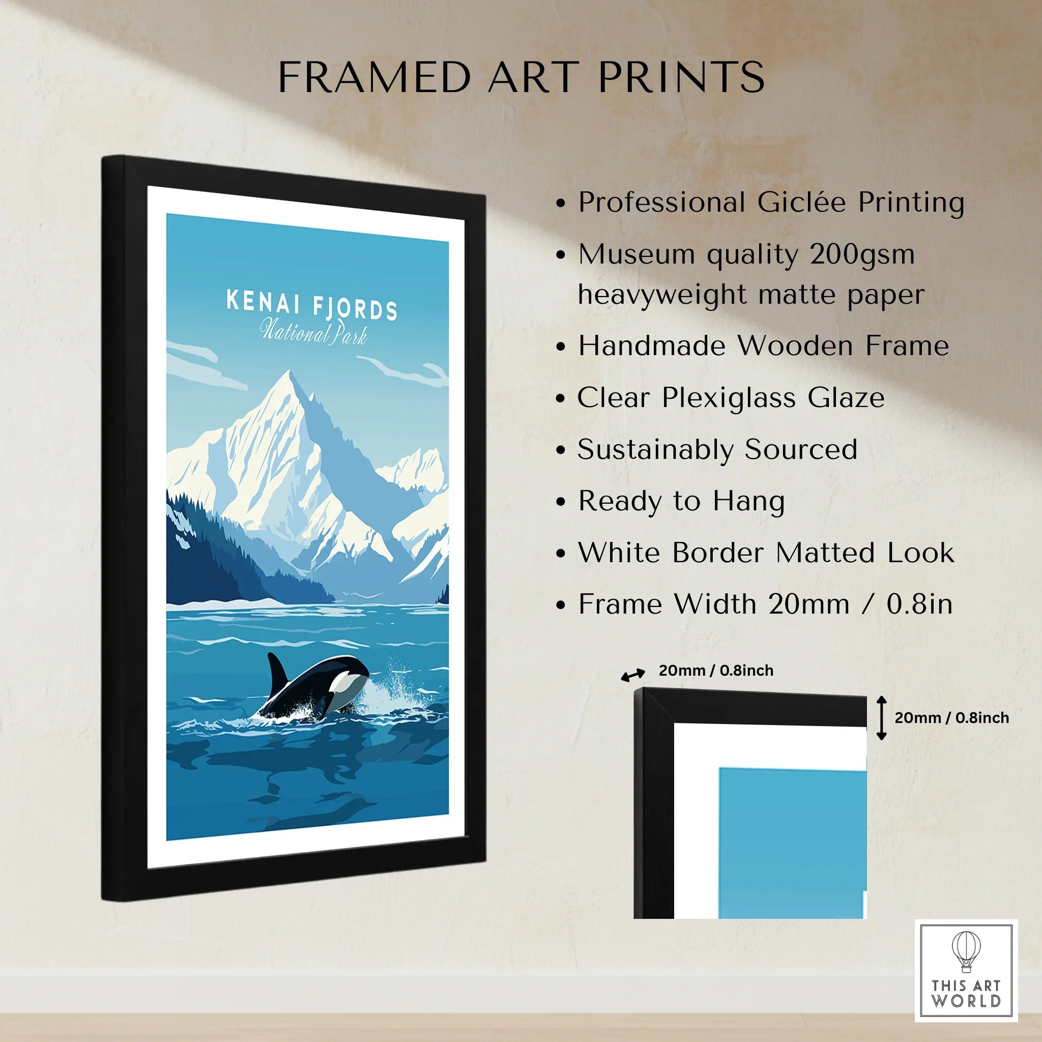 Framed Kenai Fjords National Park art print with orca, mountains, and product details