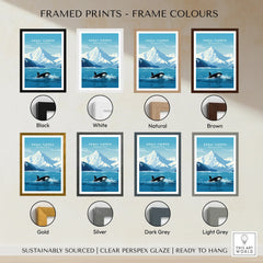 Kenai Fjords National Park travel poster in various colored frames with mountain scenery and orca illustration