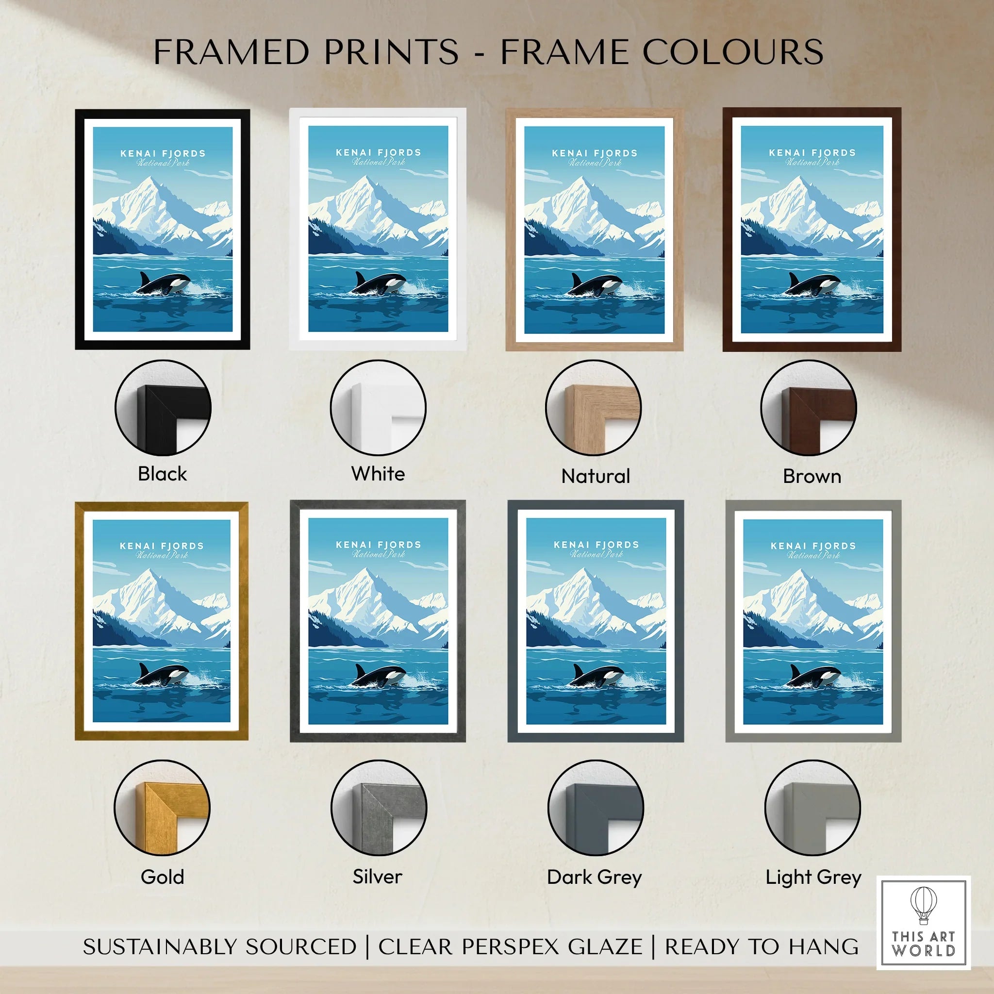 Kenai Fjords National Park travel poster in various colored frames with mountain scenery and orca illustration