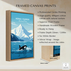 Framed Kenai Fjords National Park print showing orca whale and snowy mountain, float frame details