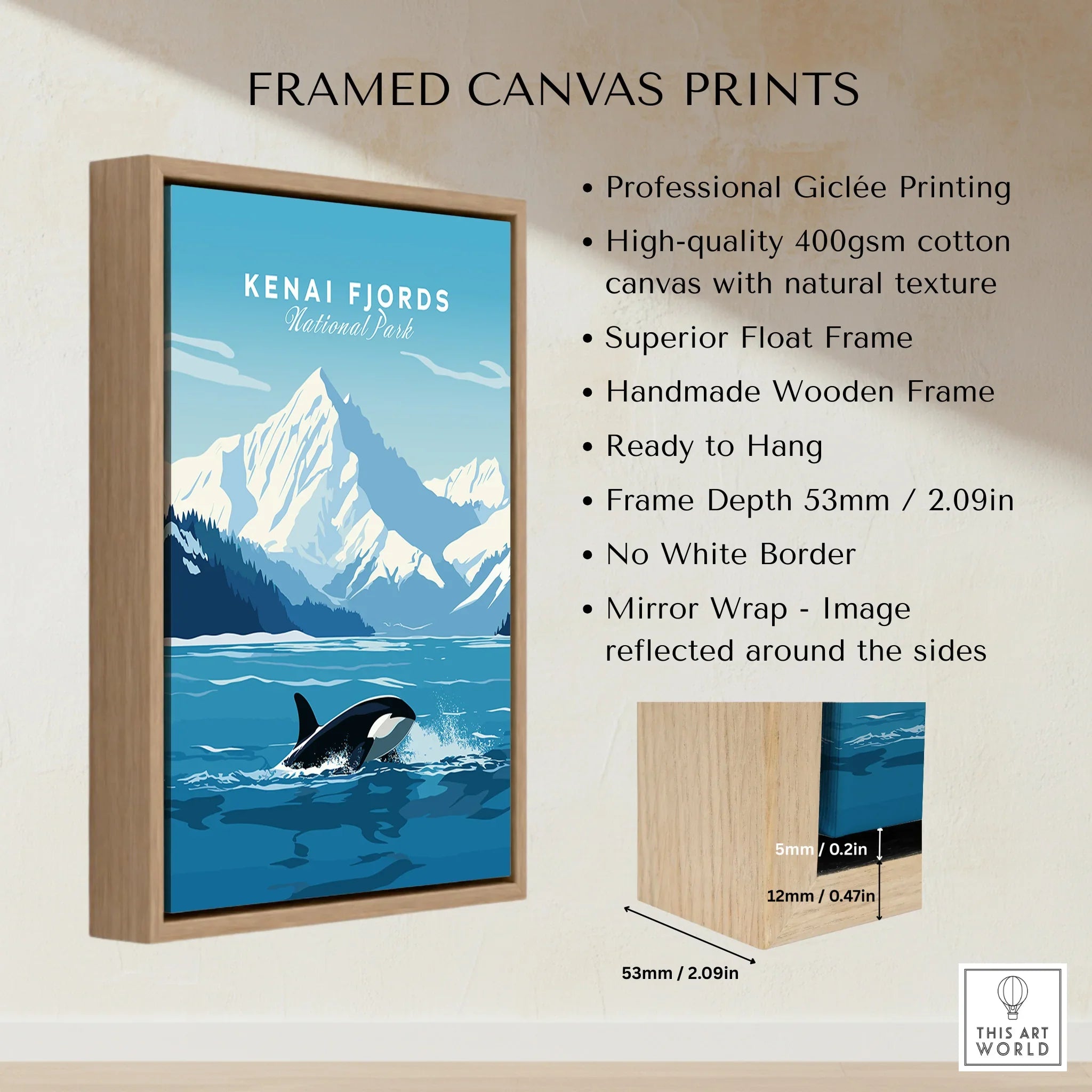 Framed Kenai Fjords National Park print showing orca whale and snowy mountain, float frame details
