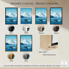 Kenai Fjords National Park art print in six float frame color options: black, white, natural, brown, gold, silver.