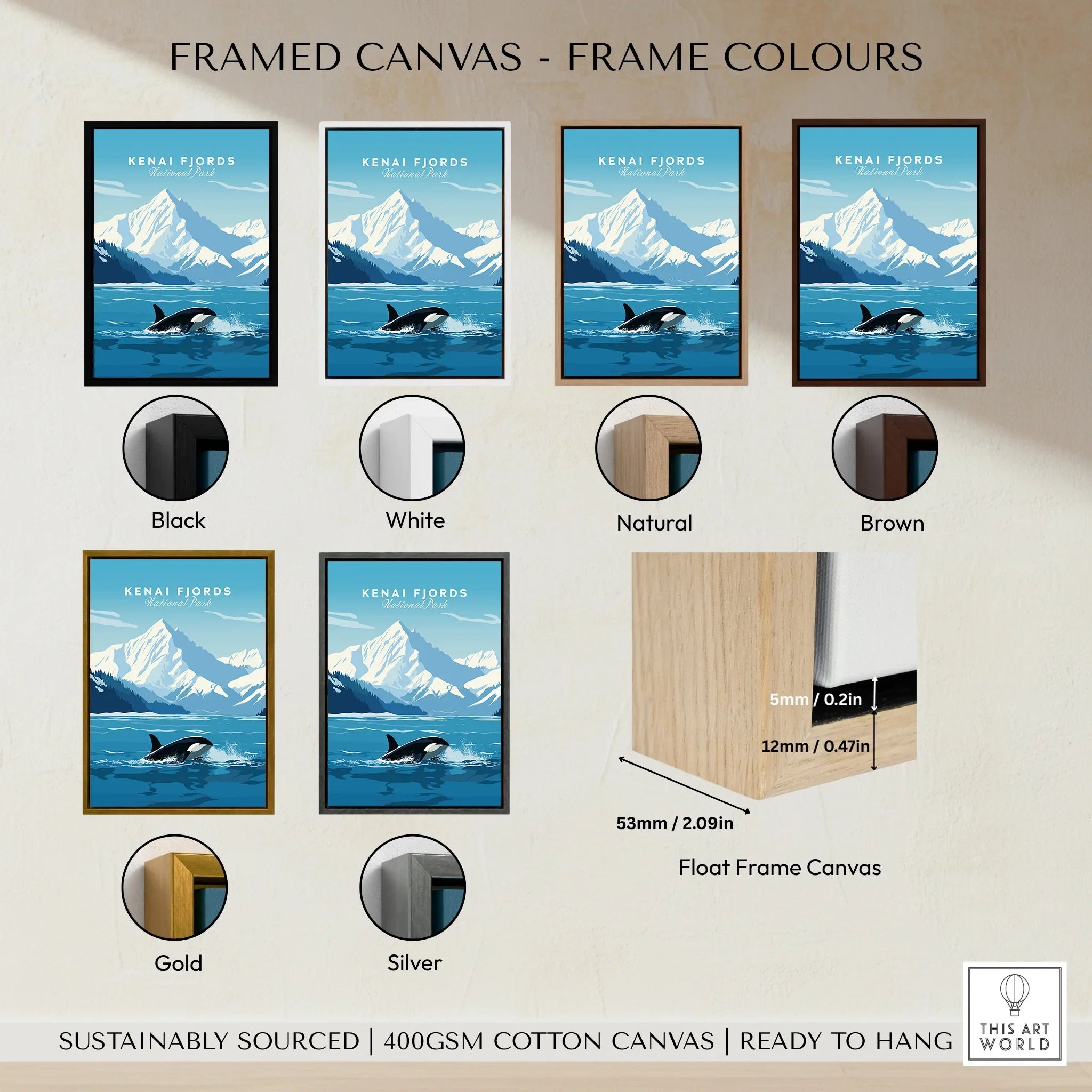 Kenai Fjords National Park art print in six float frame color options: black, white, natural, brown, gold, silver.