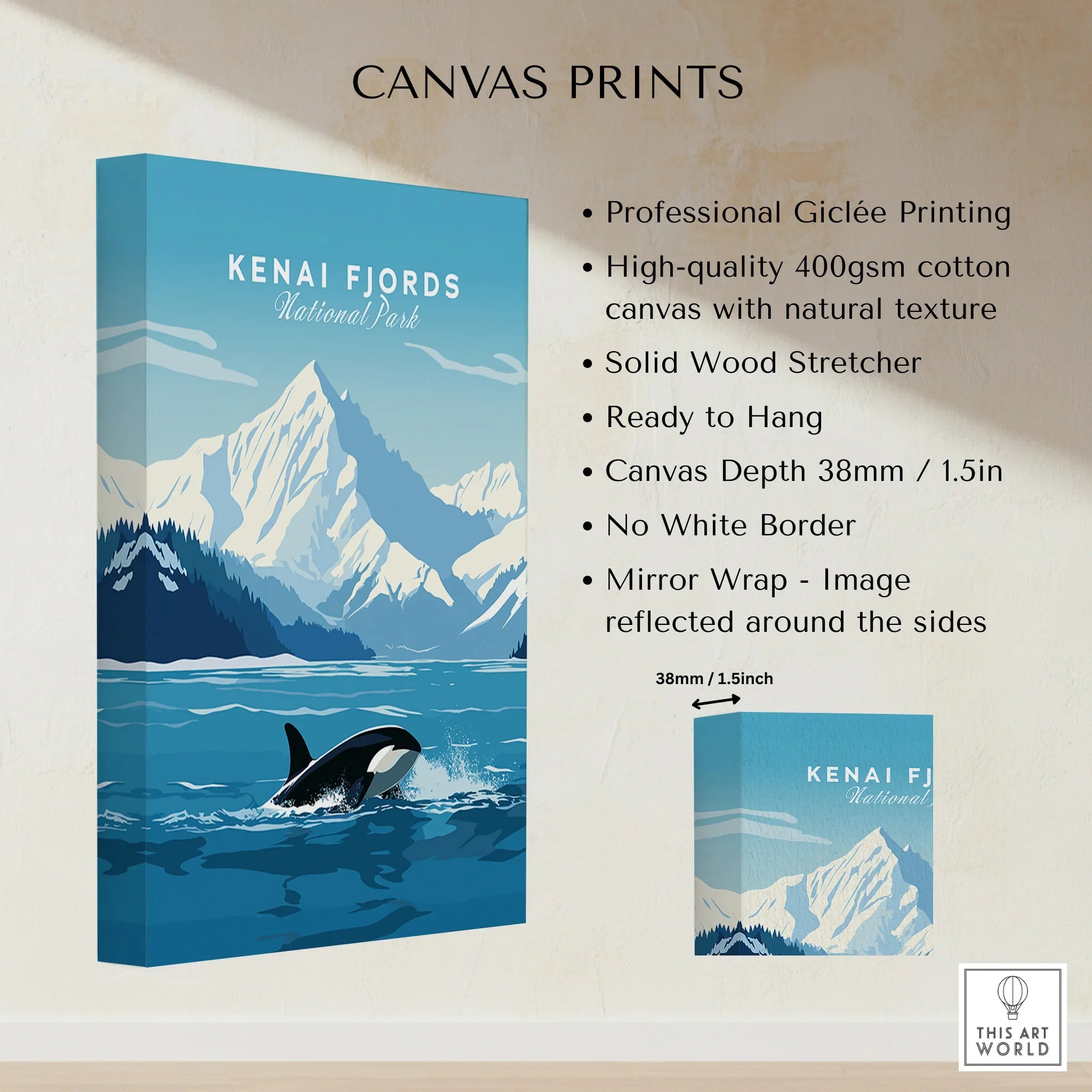 Kenai Fjords National Park canvas print with orca, mountains, and detailed features info
