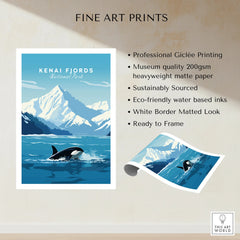 Kenai Fjords National Park art print with orca, mountains, and ocean scene