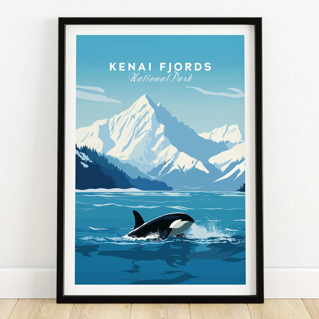 Kenai Fjords National Park art print with orca, mountain and ocean in black frame on wooden floor