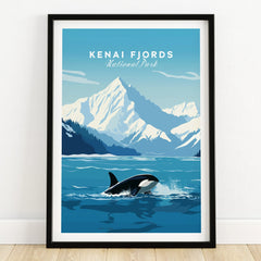 Kenai Fjords National Park art print with orca, mountain and ocean in black frame on wooden floor