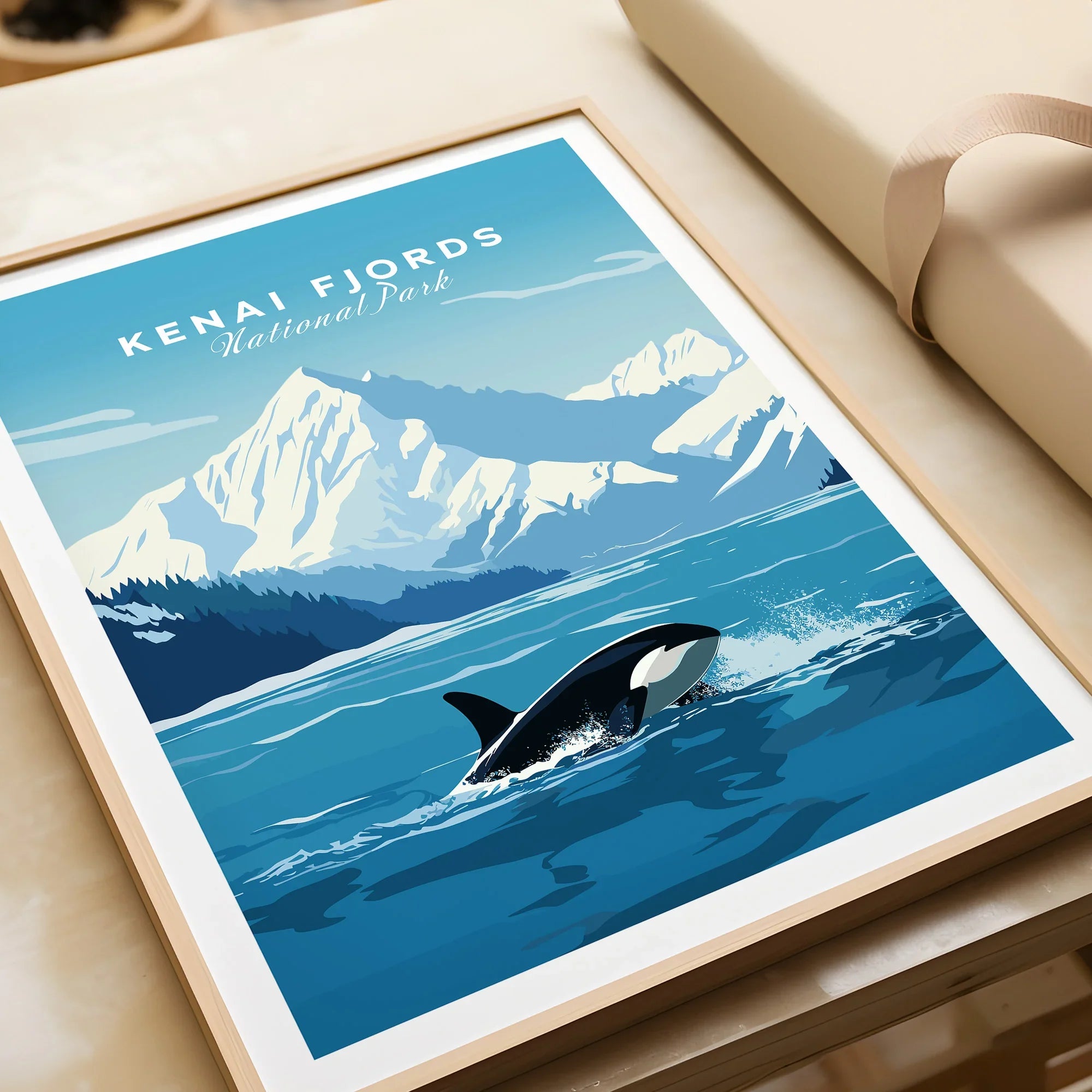 Kenai Fjords National Park wall art print with orca and snowy mountains in natural frame