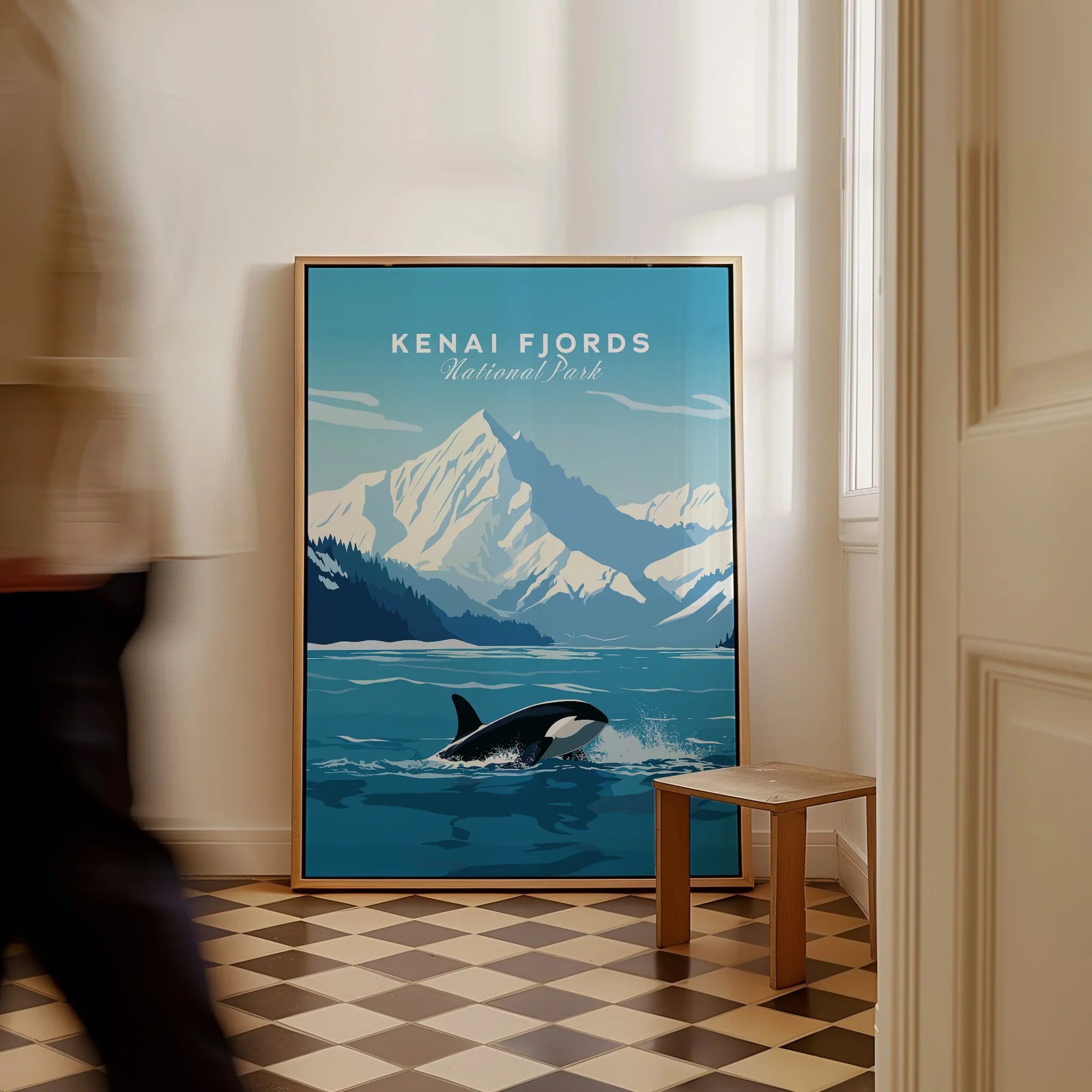 Framed Kenai Fjords National Park travel poster with orca, mountain art print on floor