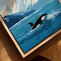 Orca wall art print with natural wood floating frame and mountain landscape