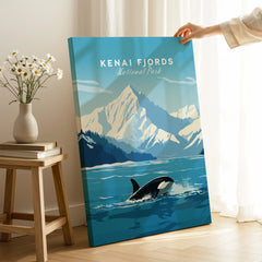 Kenai Fjords National Park canvas print with orca, held in bright, modern room decor