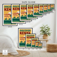 Kenya Safari Poster - Discover Africa Travel Art size guide showcasing various dimensions for wall decor.