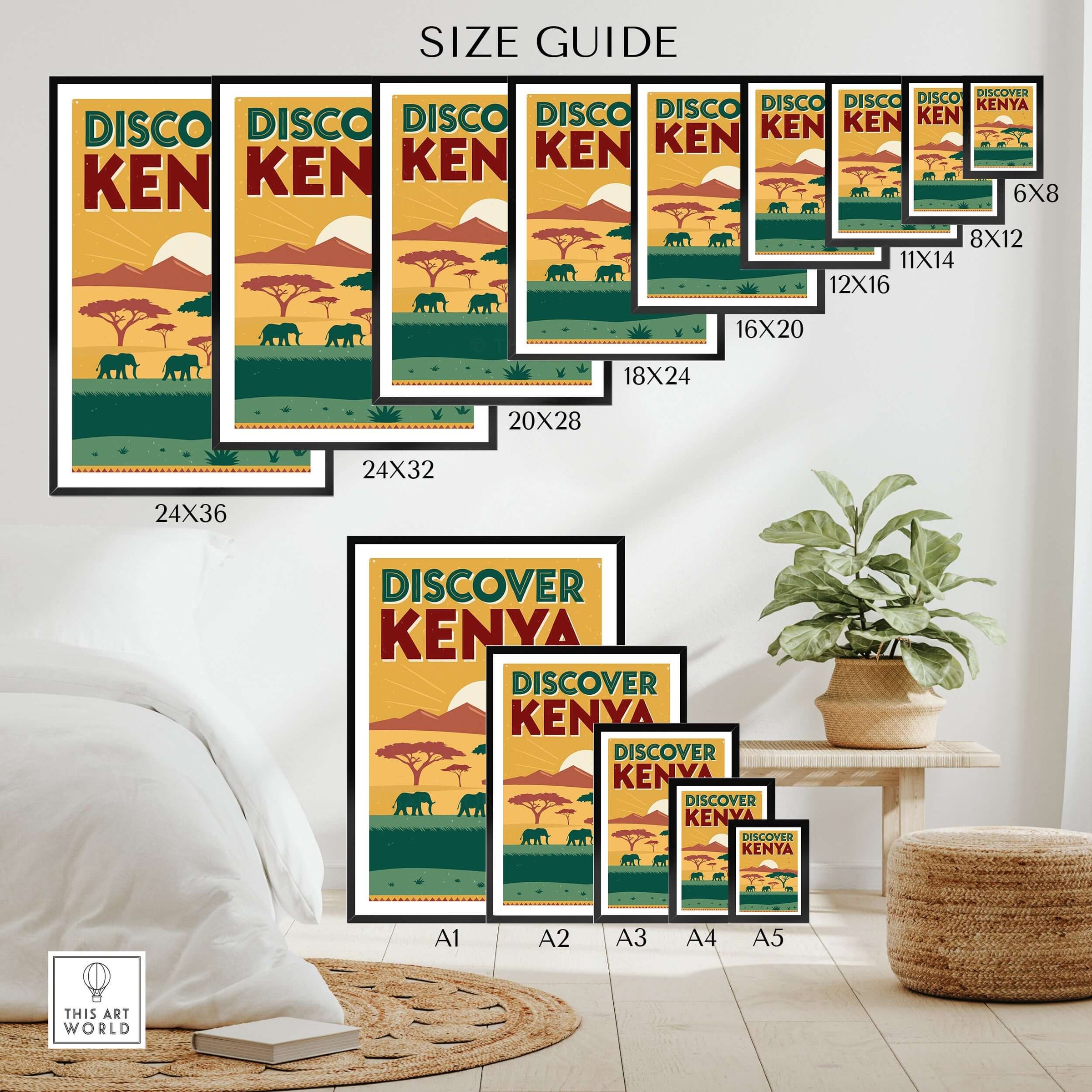 Kenya Safari Poster - Discover Africa Travel Art size guide showcasing various dimensions for wall decor.