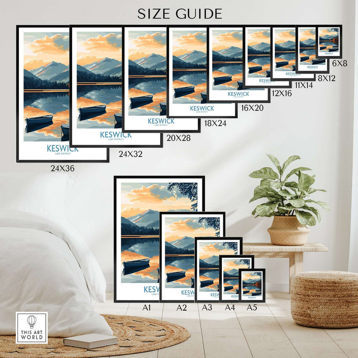 Size guide displaying various sizes of the Keswick Art Print on a stylish wall with home decor elements.