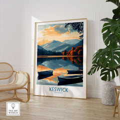 Keswick Art Print featuring serene Lake District landscape with boats and mountains in a stylish setting.
