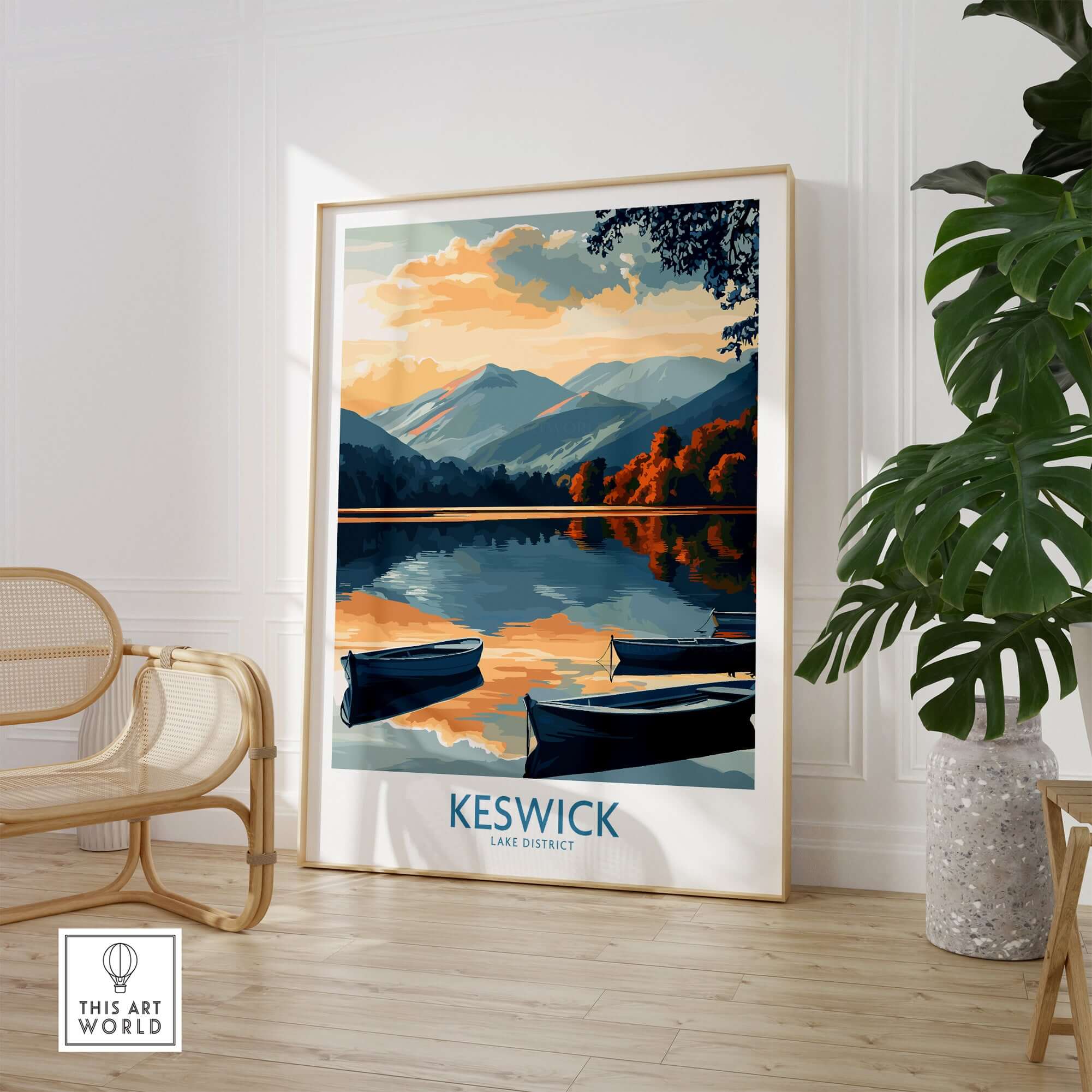 Keswick Art Print featuring serene Lake District landscape with boats and mountains in a stylish setting.