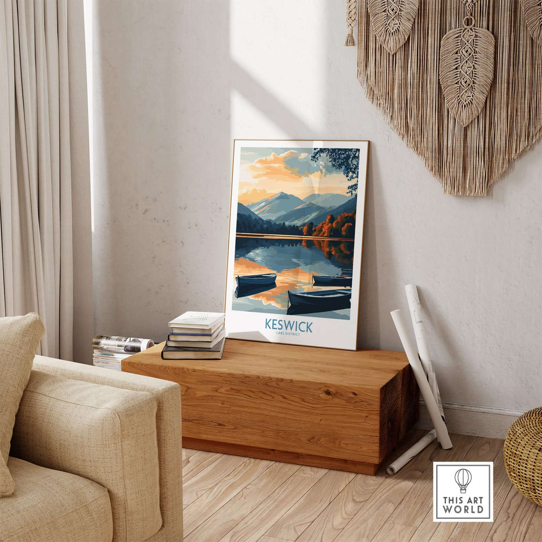 Keswick Art Print showcasing Lake District landscape with mountains and serene lake reflections, perfect for home decor.