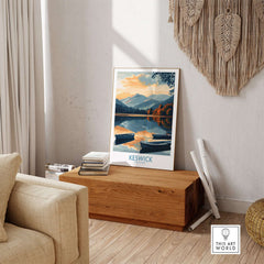 Keswick Art Print displayed in a cozy living room, highlighting the serene Lake District landscape.