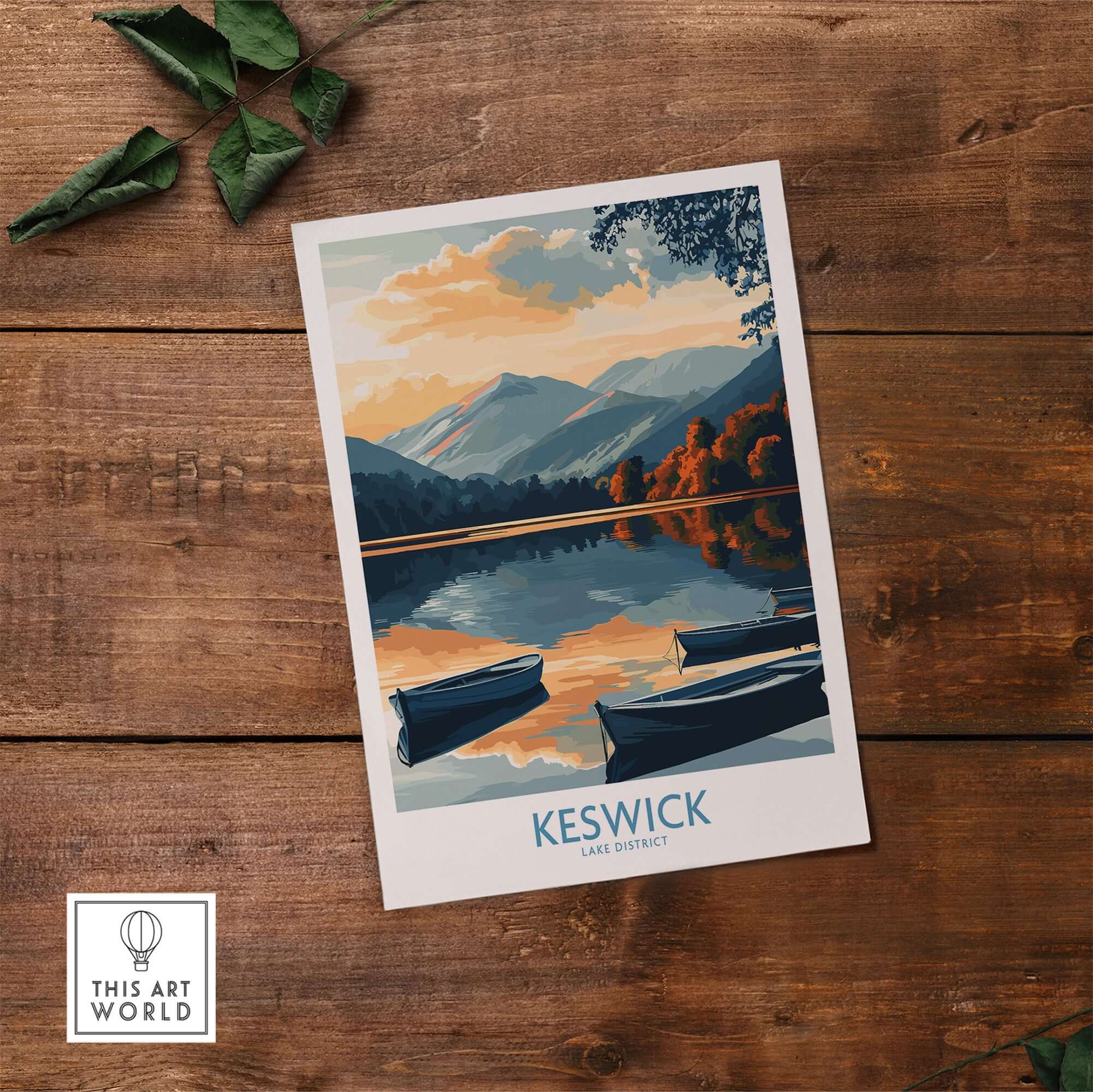 Keswick Art Print depicting a serene Lake District landscape with boats reflecting in calm waters.