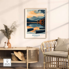 Keswick Art Print featuring a tranquil Lake District landscape with boats and mountains in warm hues.