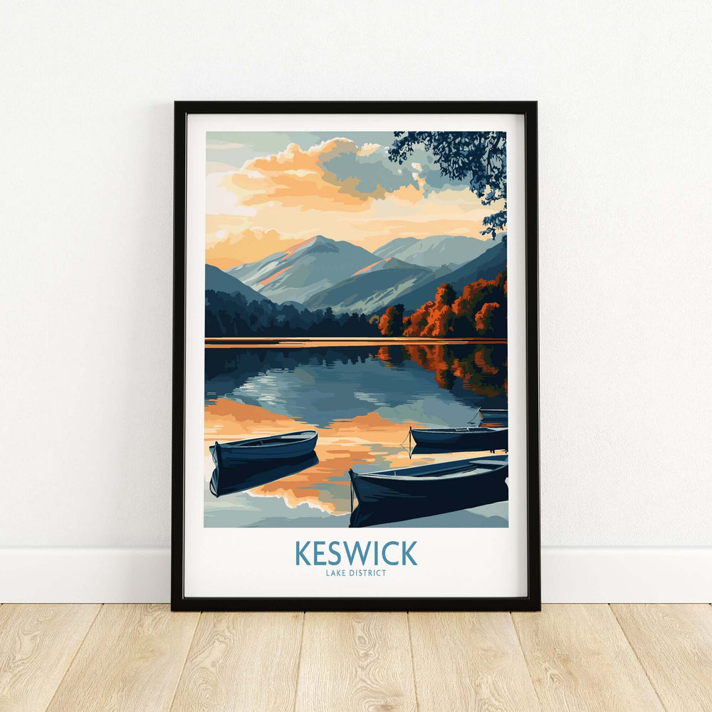 Keswick art print showcasing Lake District's serene landscape with boats and mountains, perfect for home decor.