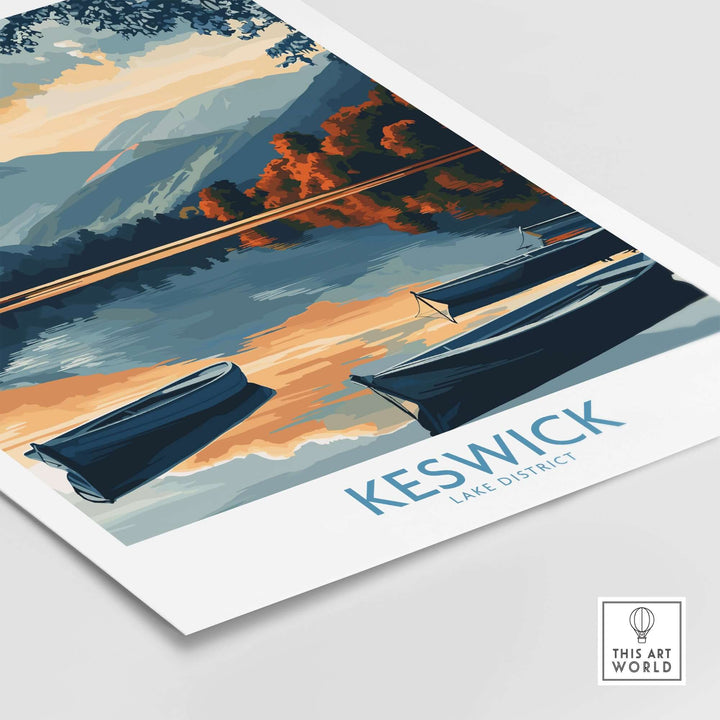 Keswick art print showcasing a serene Lake District landscape with boats and mountains in warm colors