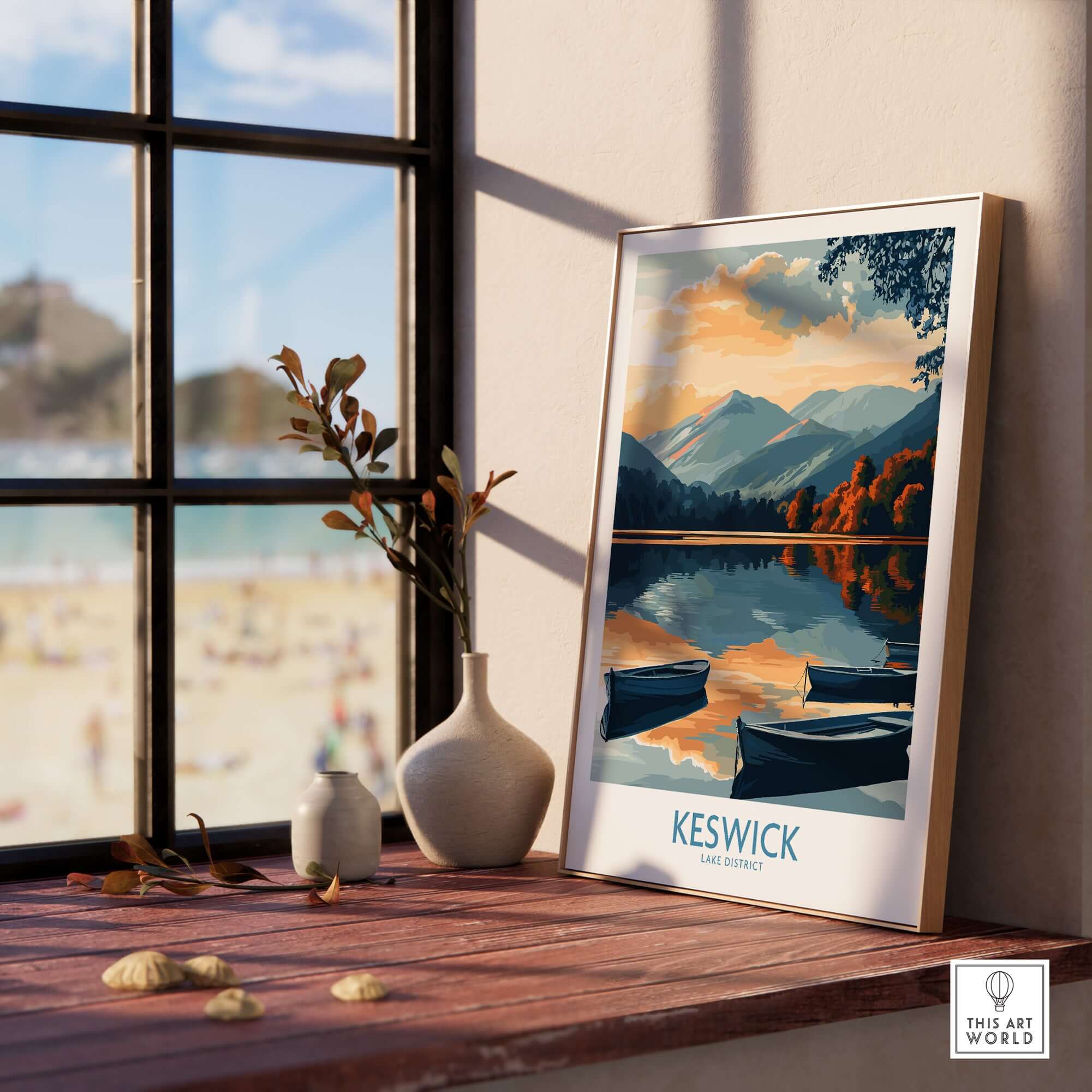 Keswick Art Print displayed in a bright room, showcasing the beautiful Lake District landscape.