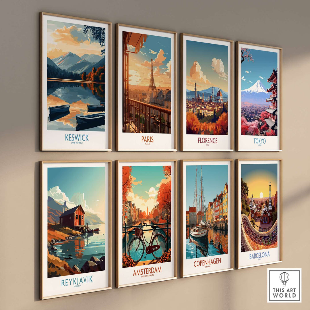 Gallery wall display featuring Keswick, Paris, Florence, Tokyo, Reykjavik, Amsterdam, Copenhagen, and Barcelona art prints.