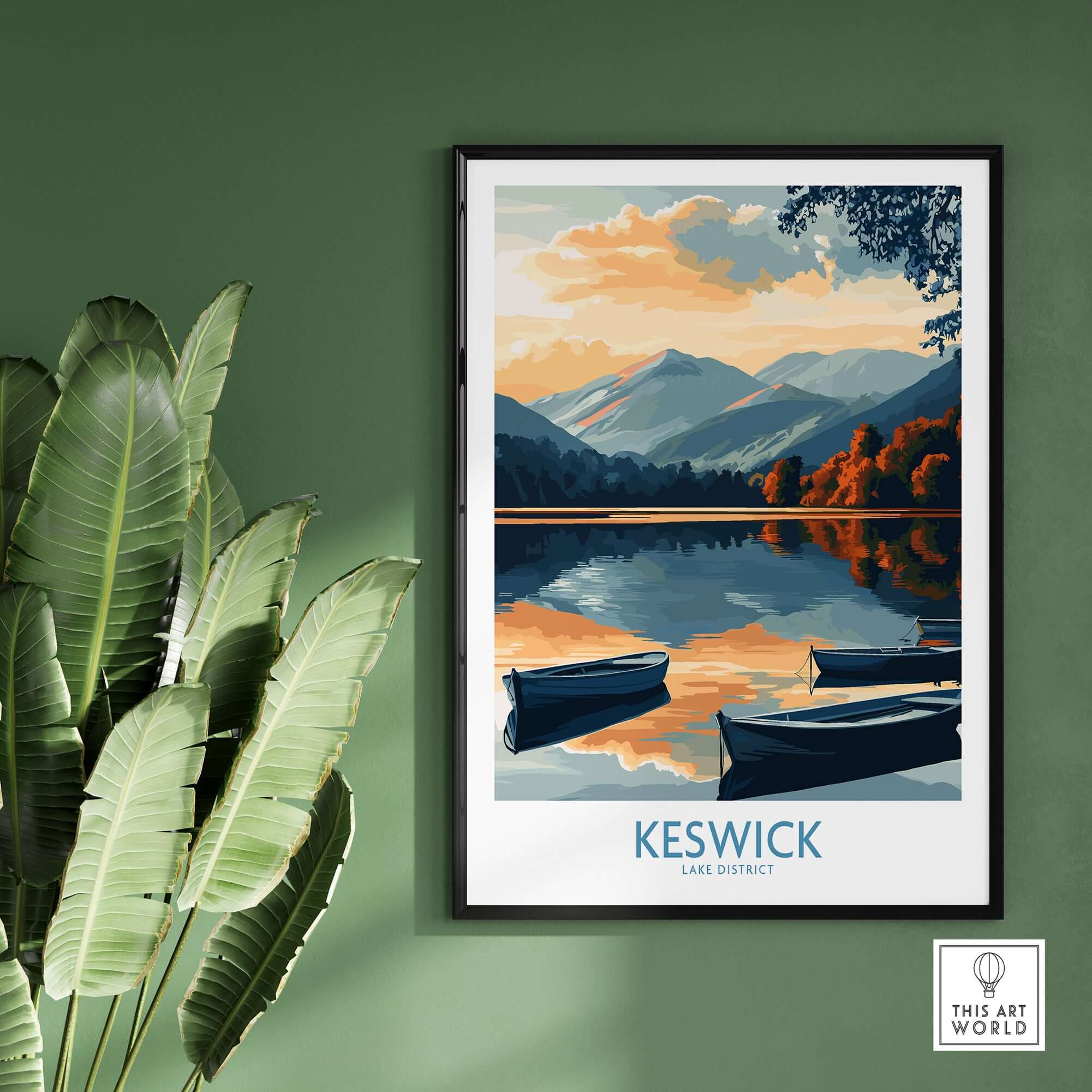Keswick Art Print featuring a stunning landscape of the Lake District with boats on reflective water.