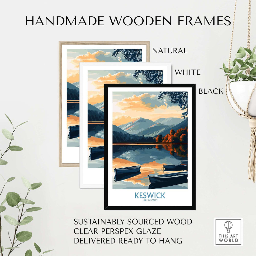 Keswick art print displayed in natural, white, and black handmade wooden frames, ideal for home decor.