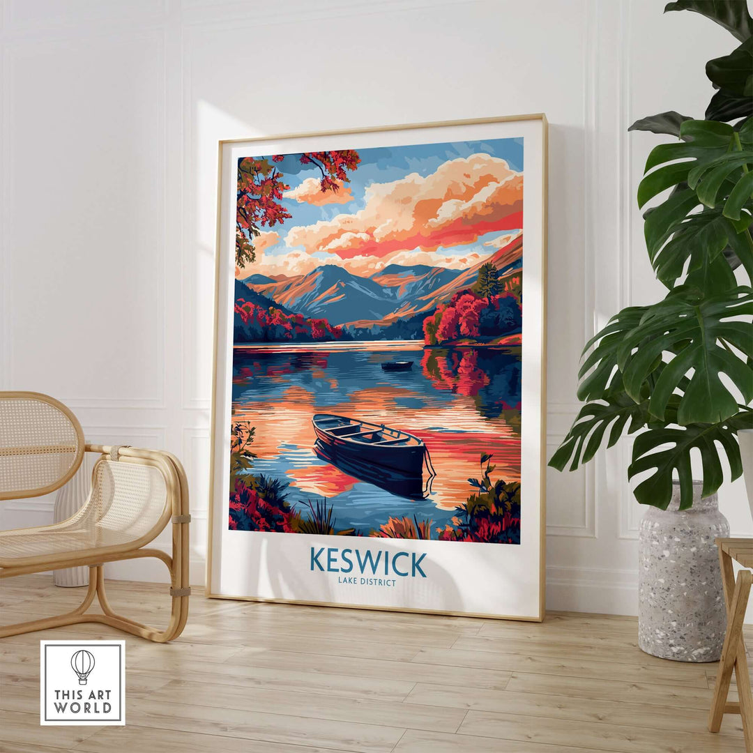 Keswick Lake District travel poster featuring a sunset over the lake with mountains and a boat, perfect for travel decor.