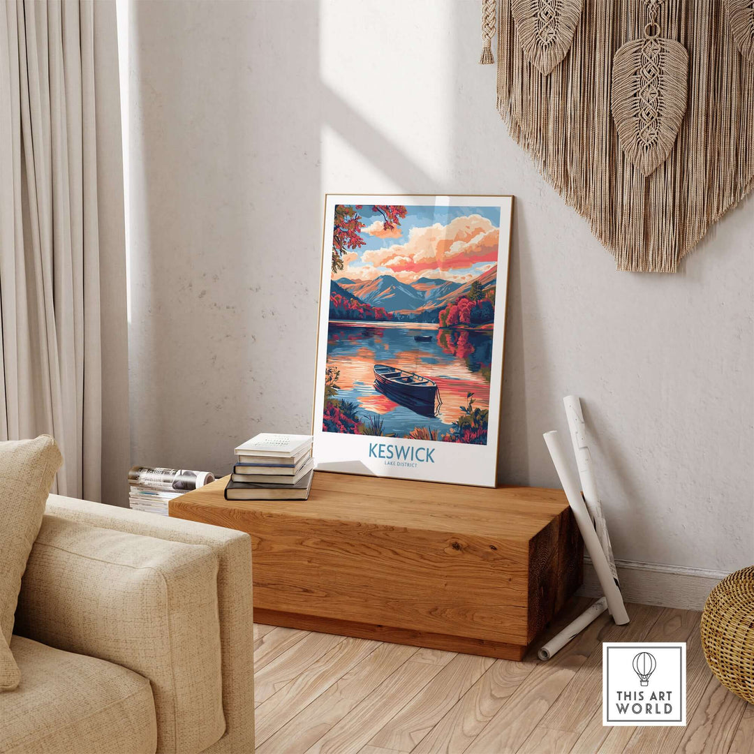 Keswick Lake District travel poster depicting a sunset over serene waters and mountains, perfect for home decor.